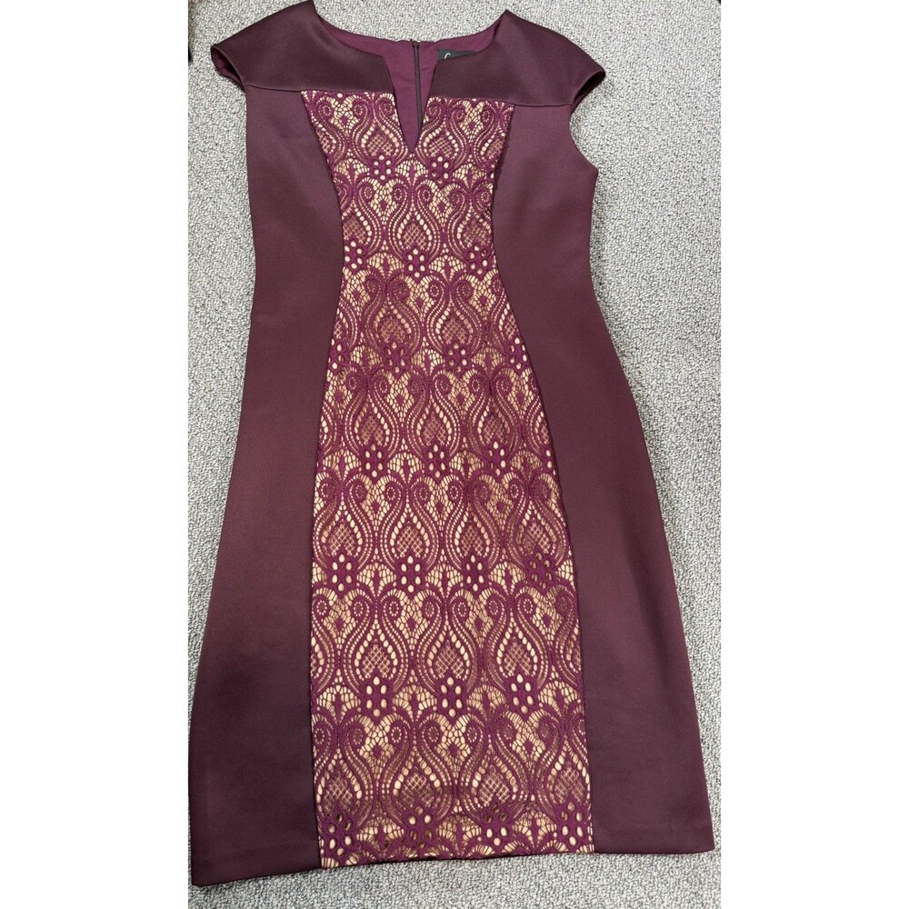 Connected Apparel Woman’s 10 Plum Burgundy Dress Sheath Midi Pencil Lace Dress